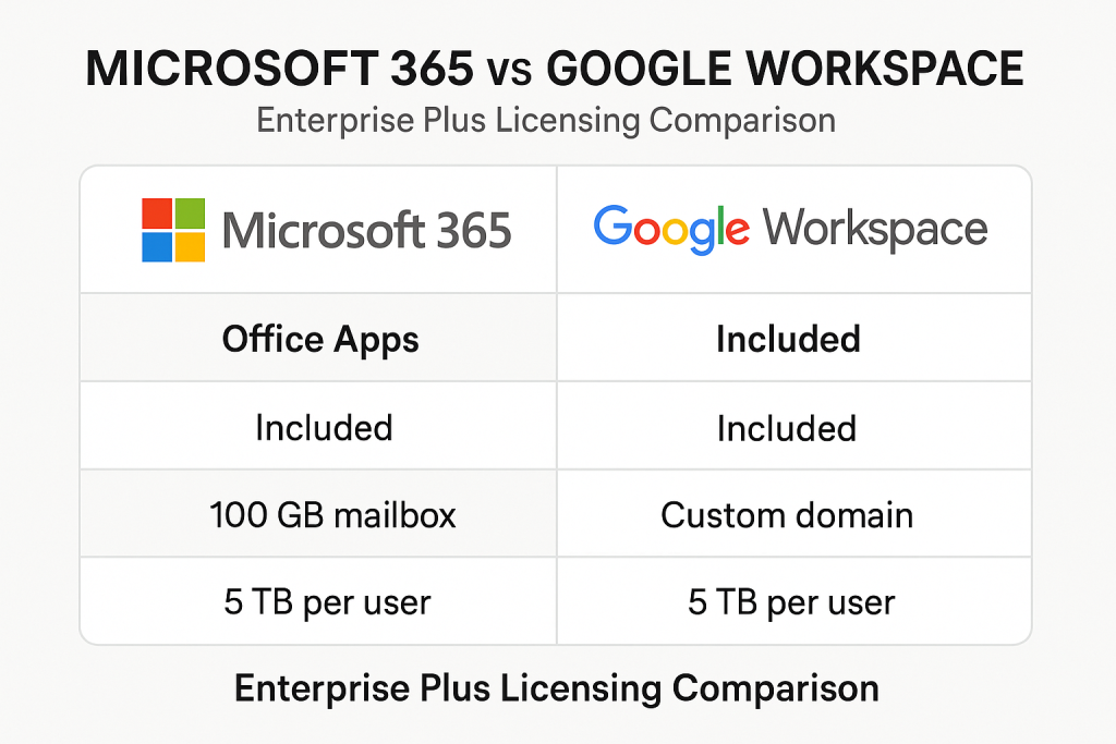 Microsoft 365 vs Google Workspace Enterprise Plus Licensing - Redress Compliance Microsoft 365 vs Google Workspace Enterprise Plus Licensing